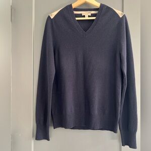 Burberry Navy Sweater with Beige Plaid Shoulders